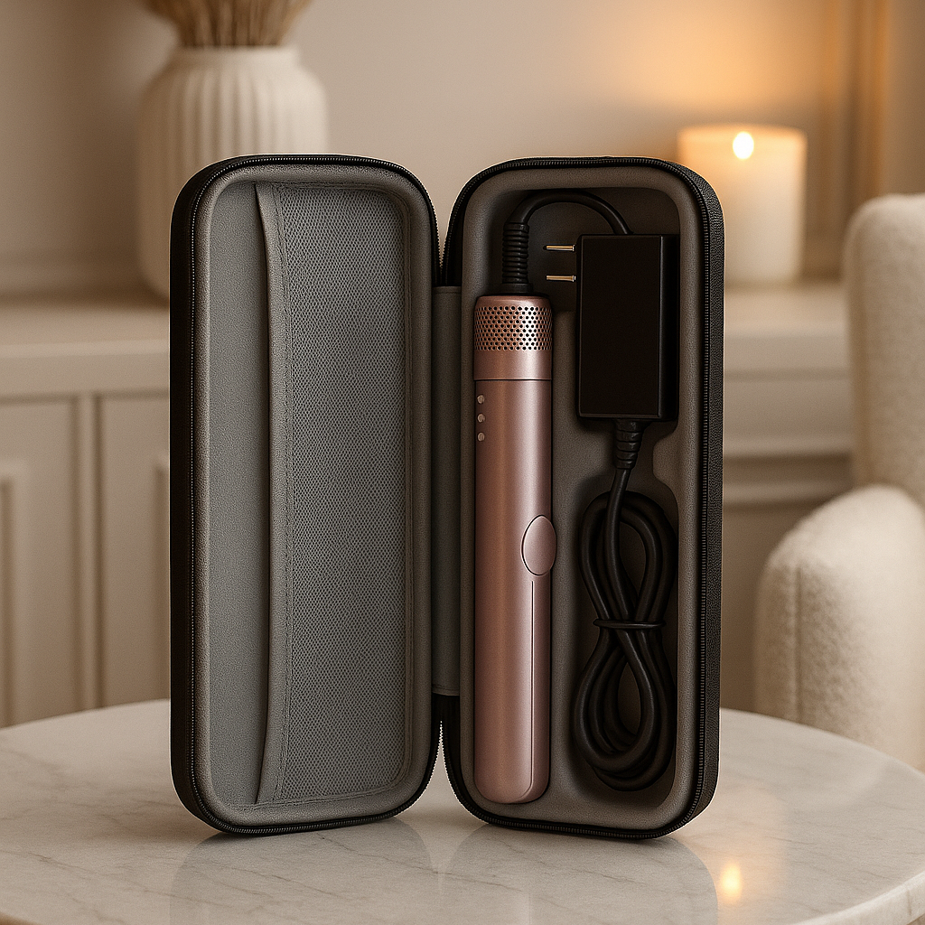 DOYOO AirStraight 2-in-1 Hair- und Föhnstyler in geöffneter Aufbewahrungstasche auf Tisch